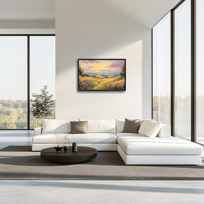 Framed Large Rustic Wall Art for Living Room, Oversized Farmhouse Countryside Nature Landscape Wall Decor Wildflower Field Canvas Painting Floral Pictures Modern Artwork for Bedroom Office 36"x24"