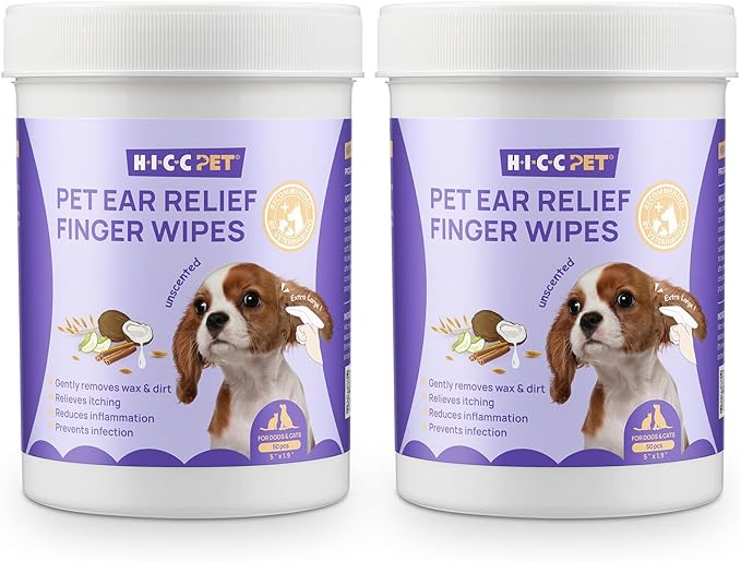 HICC PET Dog Ear Wipes Finger 100 Count Dog Ear Cleaner Wipes for Dogs & Cats, Dog Ear Infection Treatment to Relieve Ear Itching & Inflammation, Remove Ear Wax, Dirt, Smelly - Unscented