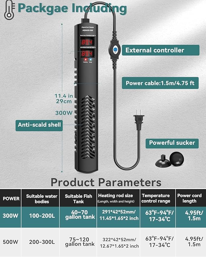 Aquarium Heater for 40-55-75 Gallon, 300W Submersible Fish Tank Water Heater with Accurate Temperature Control, Over-Temp Protect, Auto Shut-Off, Quick Heat up for Saltwater & Freshwater