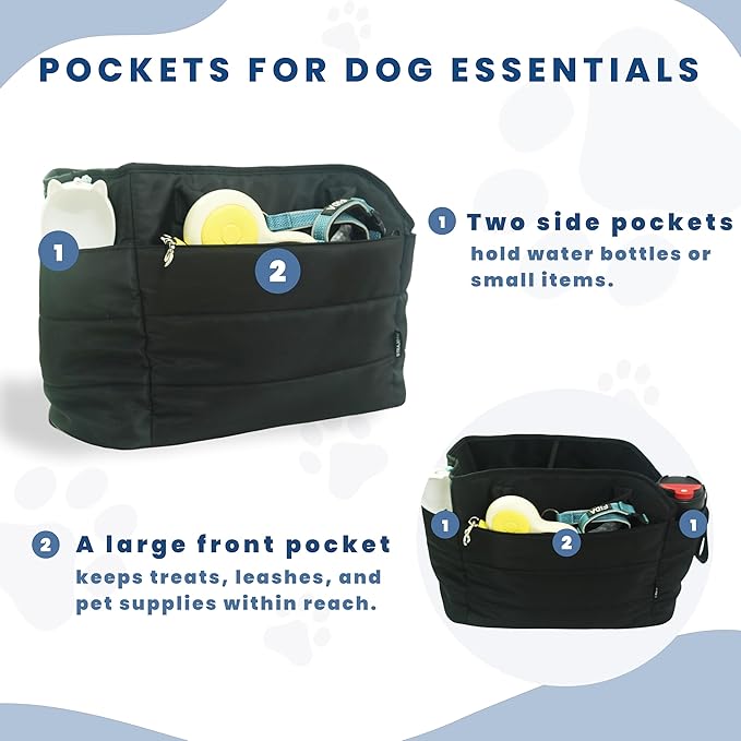 Lightweight Dog Purse Carrier for Small Dogs Under 15 lbs, Puffy Quilted Pet Carrier Tote for Puppies with Safety Leash Clip, Women's Hands-Free Dog Carrier Bag for Travel/Shopping (Black)