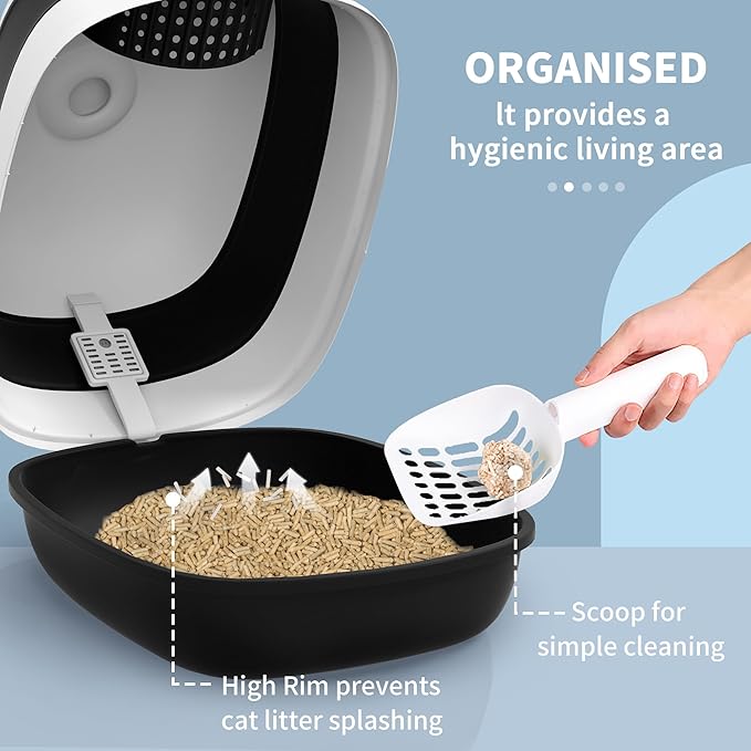 PawHut Cat Litter Box - Covered, High Sides, Air Freshener, Two-Way Entrance, Foldable, Easy Clean, White & Black