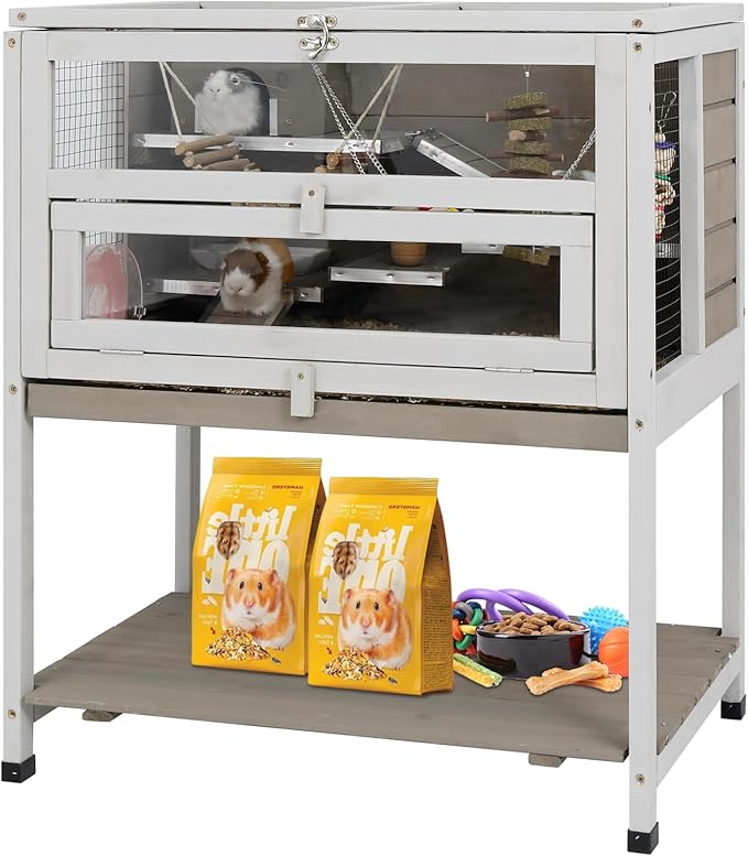 Guinea Pig Cages Wooden Hamster Cage Indoor with Stand and Storage Outdoor Small Animals Habitat with Metal Edges Ramps Hideout House,No Leak and Pull Out Tray, Easy Clean