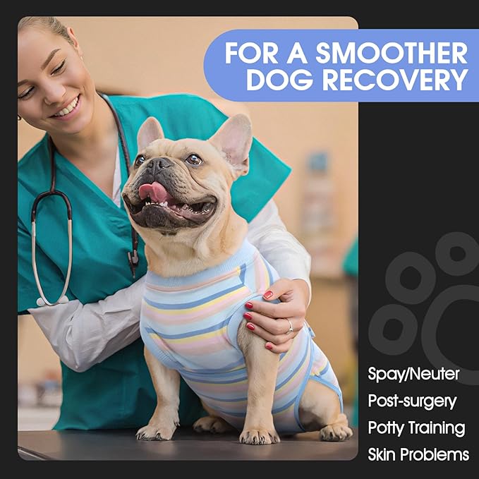 FUAMEY Recovery Suit for Dogs After Surgery,Soft Breathable Dog Bodysuit E-Collar & Cone Alternative Surgical Suit,Male Female Dog Neuter Spay Suits Anti Licking Wounds Onesie Blue Yellow Stripes M