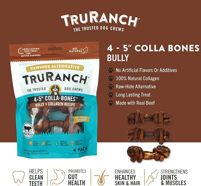 4-5" Collagen Bones, Bully - Collagen Dog Bones - Long Lasting Healthy Joint Support - Rawhide Alternative - Skin & Coat Health, Value Pack, 3 Bags, 12 Count