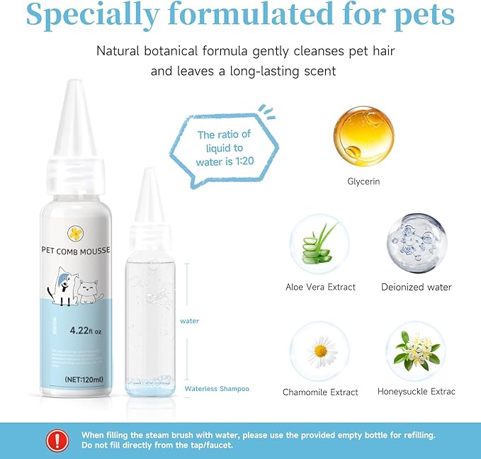 Pet Steam Brush for Dog & Cat – 3-in-1 Spray Hair Removal Comb for Shedding & Grooming – Water Brush for Long & Short Haired Pets – Includes Waterless Shampoo & Dental Wipes