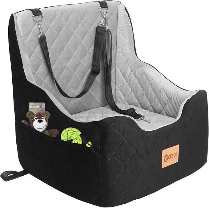 Dog Car Seat for Small/Medium Dogs Under 40lbs, Dog Booster Car Seats Memory Foam and Velvet, Detachable and Washable Pet Booster Carseats with Clip-On Satebelt and Storage Bag.(Black/Gray)