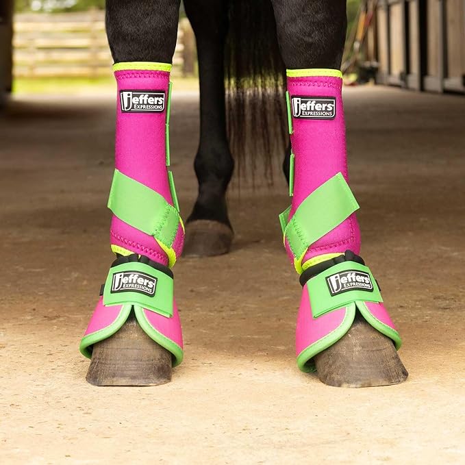 Jeffers Expression Neon Horse Boots 1 Pair – Pink & Lime, Breathable Neoprene with Secure Strap Closures, Durable Premium Protection for Jump Training & Trail Riding – Front & Hind, Medium Size
