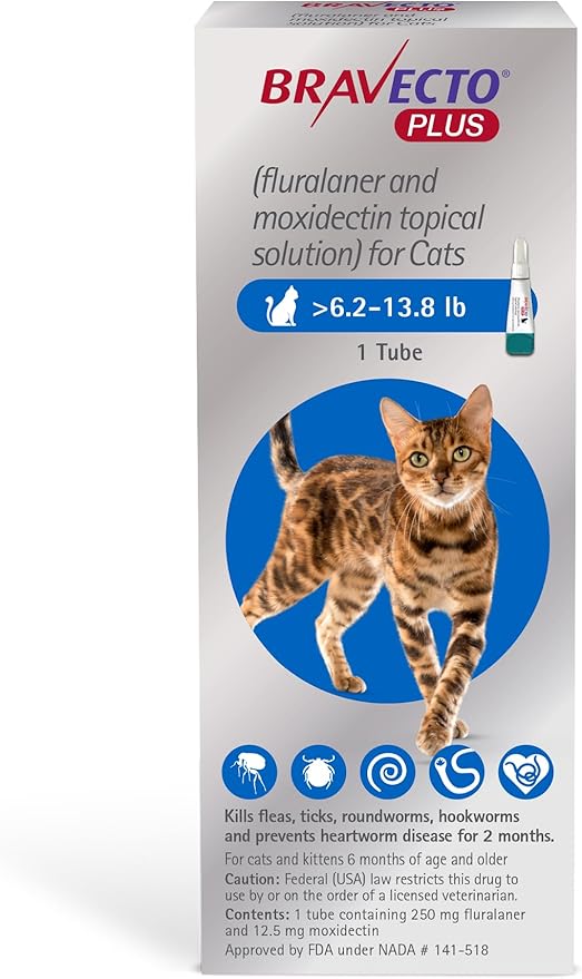 BRAVECTO PLUS Topical Solution for Cats, Flea, Tick & Heartworm, 2 Months Supply, 6.2-13.8 lbs., Blue Box