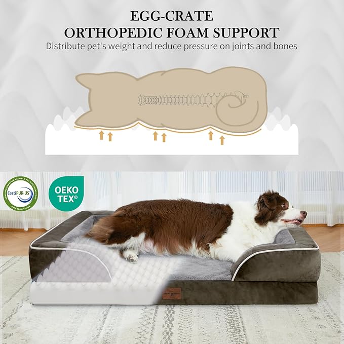 Comfort Expression XL Dog Bed for Extra Large Dogs, Waterproof Orthopedic Foam Dogs Beds with Bolster, Washable Dog Sofa Pet Bed with Removable Cover & Non-Slip Bottom(X-Large,Dark Green)