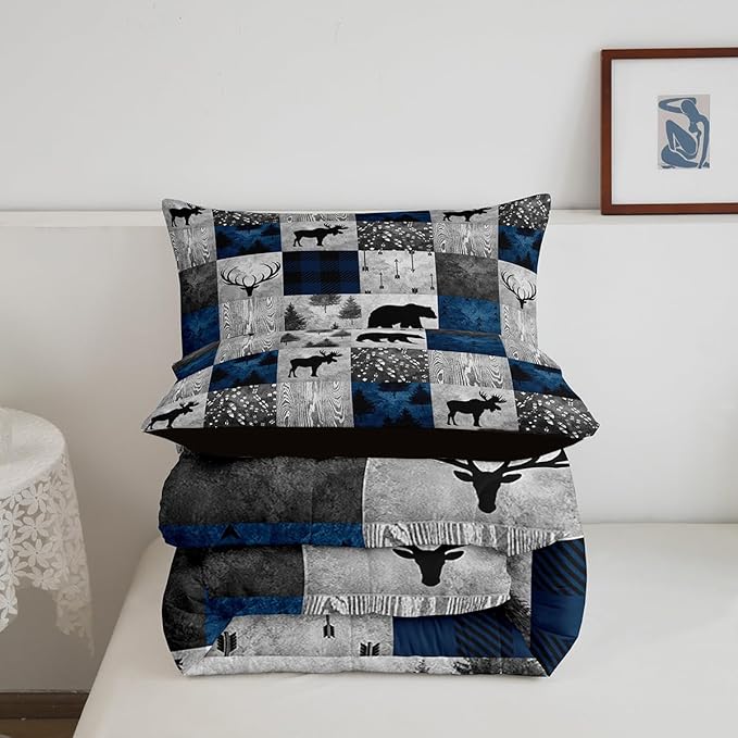 Rustic Bear Bedding Set King Size,Farmhouse Moose Elk Deer Comforter Sets Cabin Lodge Decor,Hunting Animal Quilt Set,Blue Grey Buffalo Plaid Check Patchwork Down Comforter with 2 Pillowcases