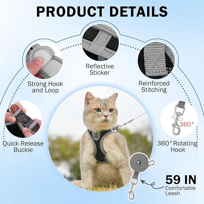SCENEREAL Cat Harness and Leash Set Escape Proof, Adjustable Soft Air Mesh Kitten Harnesses for Girls Boys Small Medium Big Cats, Reflective Light Travel Pet Walking Vest for Puppy Rabbit, Black M