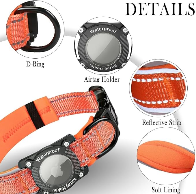 Upgraded AirTag Dog Collar, IP68 Waterproof Dog Collar with Apple Air Tag Holder, Reflective Adjustable Heavy Duty Dog Collars with Soft Padded for Small, Medium and Large Dogs,Orange, L
