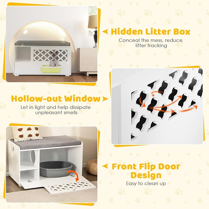 Tangkula Cat Litter Box Enclosure, Hidden Litter Box with Removable Cushion & Flip-Down Opening, Multifunctional Storage Cabinet Bench, Modern Litter Box Furniture Fits Most Litter Box (White)