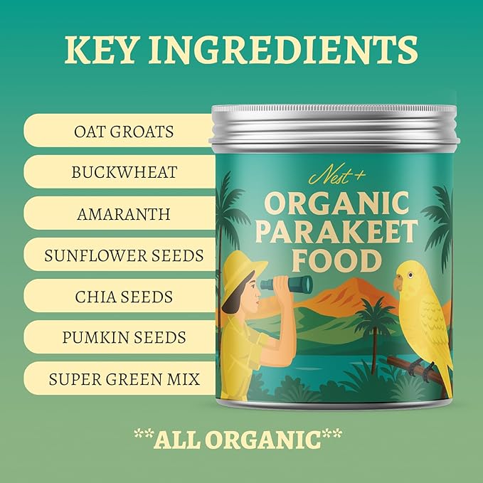 100% Organic Parakeet Food – Premium Bird Seed Mix with Oat Groats, Buckwheat, Amaranth, Super Veggies & Seeds – Reusable Tin + Stainless-Steel Scooper – Made in USA, Human Grade Ingredients (1lb)