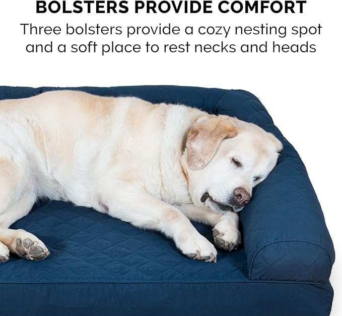 Furhaven Cooling Gel Dog Bed for Large Dogs w/ Removable Bolsters & Washable Cover, For Dogs Up to 125 lbs - Quilted Sofa - Navy (Blue), Jumbo Plus/XXL
