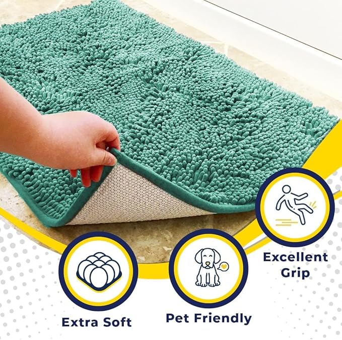 Muddy Mat® AS-SEEN-ON-TV Highly Absorbent Microfiber Door Mat and Pet Rug, Non Slip Thick Washable Area and Bath Mat Soft Chenille for Kitchen Bedroom Indoor and Outdoor - Seafoam Green 24" x 120"