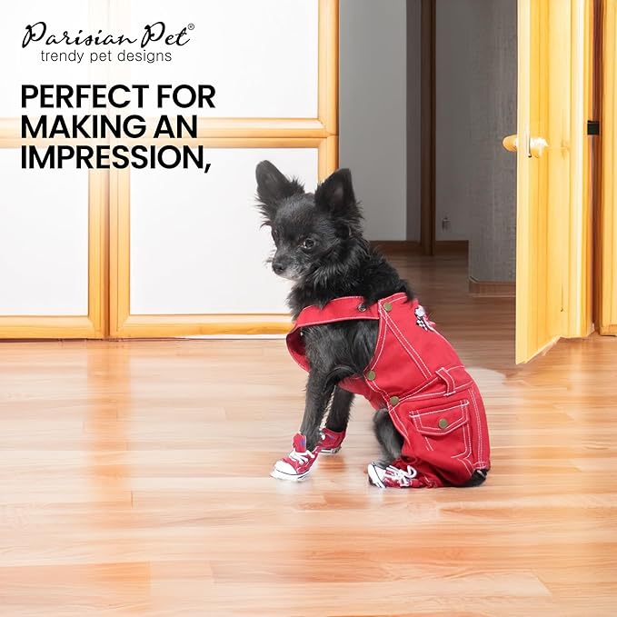 Parisian Pet Denim Overall - Embroidered “ Route 66 “ Red Dog Jumpsuit - Breathable Dog Costume - Machine Washable Dog Outfit - Dog Overalls for Small Dogs - S