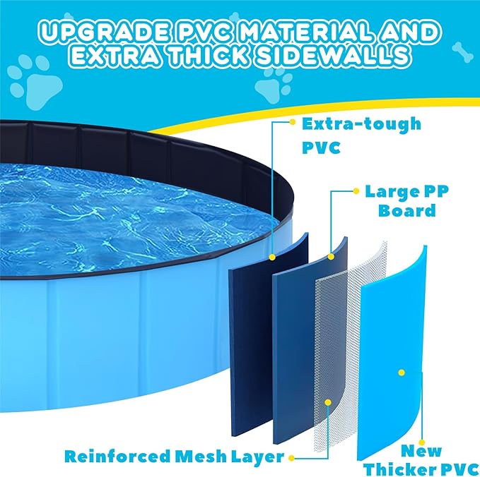 Foldable Dog Pool - 79" x 12" Anti-Slip Portable Dog Swimming Pool, Hard Plastic Collapsible Kiddie Pool for Outdoor and Indoor for Pets Dogs Cats and Kids