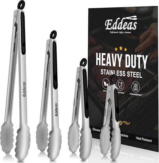 Grill Tongs - BBQ Tongs Heat Resistant 600 Degrees, Heavy Duty Metal, Perfect for Cooking, Grilling, Set of 4, 7",9",12" & 14 inch Black