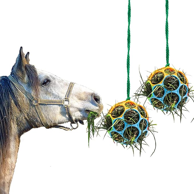 Besimple 2 Pack Horse Treat Ball Hay Feeder Toy, Goat Feeder Ball Hanging Feeding Toy for Horse Goat Sheep Relieve Stress (Colorful)