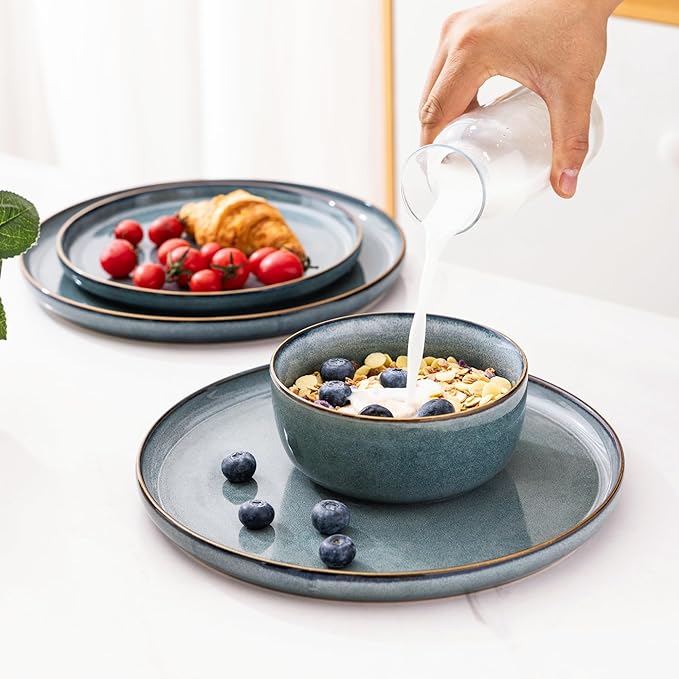 GBHOME Ceramic Dinnerware Sets for 4, 12 Pieces Stoneware Plates and Bowls Sets, Reactive Glaze Dishes -Scratch Resistant, Dishwasher&Microwave Safe, Space Blue