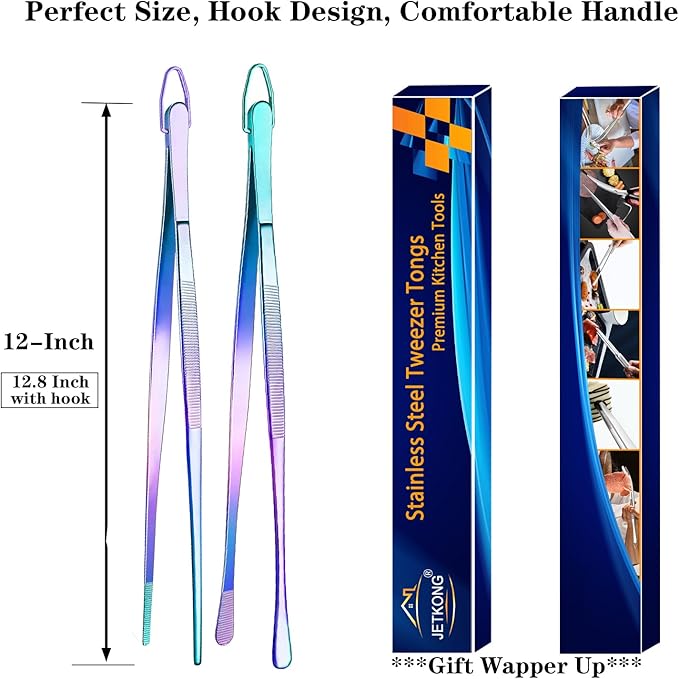 JETKONG 2 Pcs 12-Inch Culinary Tweezers Food Tweezers Kitchen Tweezer Tongs for Cooking (Rainbow)
