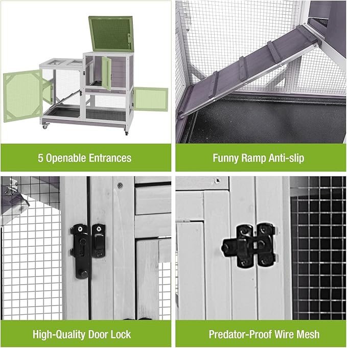 GUTINNEEN 2-Story Rabbit Hutch Indoor with Chew-Proof Design & Slide-Out Trays - Wooden Small Animal Cage Guinea Pig Cages with Lockable Wheels for 2-3 Rabbits, Bunnies, Guinea Pigs (Grey)