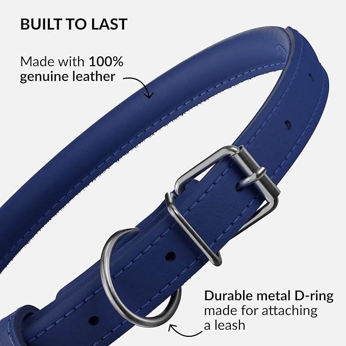 CollarDirect Rolled Leather Dog Collar, Soft Padded Round Puppy Collar, Handmade Genuine Leather Collar Dog Small Large Cat Collars 13 Colors (15-19 Inch, Deep Blue Smooth)