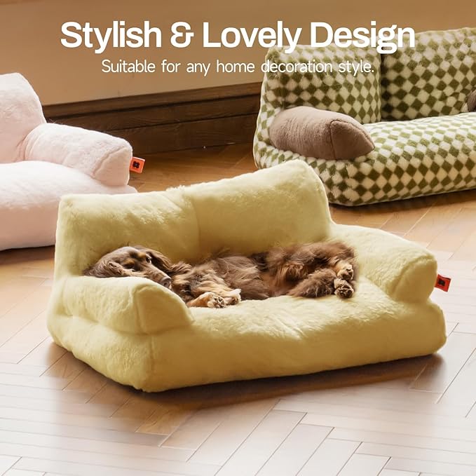 MEWOOFUN Cat Beds for Indoor Cats, Washable Small Dog Beds for Medium Small Dogs & Cats up to 25 Lbs, Fluffy Cat Couch with Non-Slip Bottom (Yellow, 26.0" L x 19.0" W x 13.0" Th)