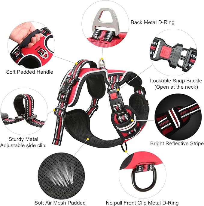 Timos Dog Harness Small Sized, No Pull with Neck Lockable Snap,No Choke Front Clip Dog Reflective Harness,Adjustable Metal Rings 3 Buckles,Easy Control Handle for Small Dogs Red S