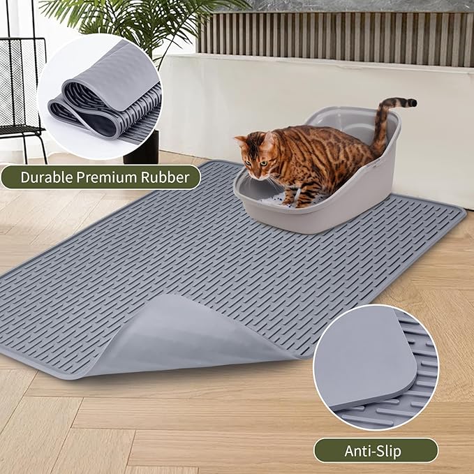 Rubber Cat Litter Mat, 34" x 22" Waterproof Urine Proof Cat Litter Trapping Mat, Easy Clean and Anti-Slip Kitty Litter Catcher Mat, Grey