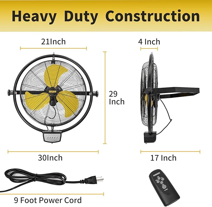 HiCFM 20" Remote Control Wall Mounted Fan, 5000 CFM High Velocity 3-Speed Oscillating Wall Fans with Timer for Industrial, Commercial, Warehouse, Garage, Gazebo and Patios - UL Listed, 2 Pack