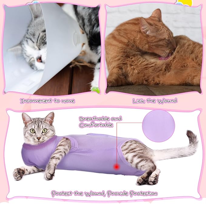 Nuanchu 3 Pieces Cat Recovery Suit Kitten Recovery Suit E-Collar Alternative for Cats and Dogs Abdominal Skin Anti Licking Pajama Clothes Sets(Solid Pattern,Small)