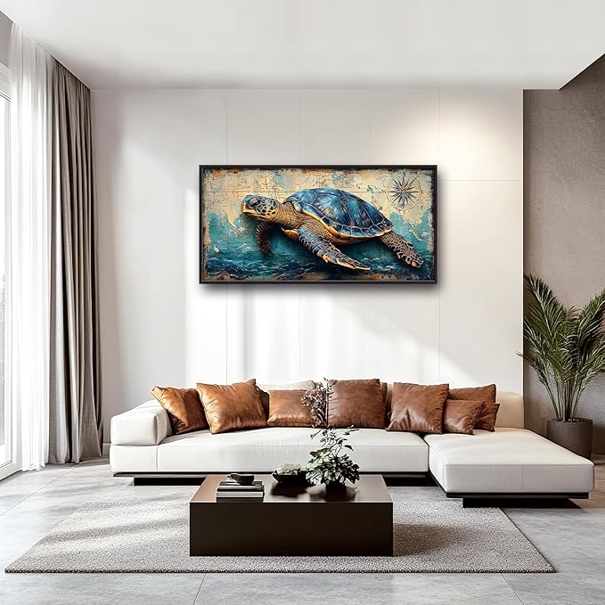 Large Nautical Turtle Wall Art for Living Room, Coastal Ocean Canvas Oversized Wall Decor, Beach Aesthetics Framed Pictures Painting Print Artwork for Bedroom Office 60L" x 30W"