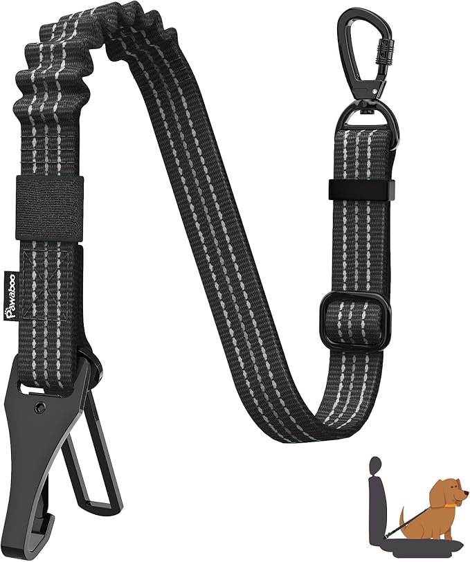Pawaboo Dog Seatbelt for Car, 3-in-1 Dog Seat Belt Bungee, Shockproof Dogs Tether for Car with Buckle & Hook Latch, Adjustable Reflective Dogs Cars Harness Leash with 360° Lockable Buckle, Black