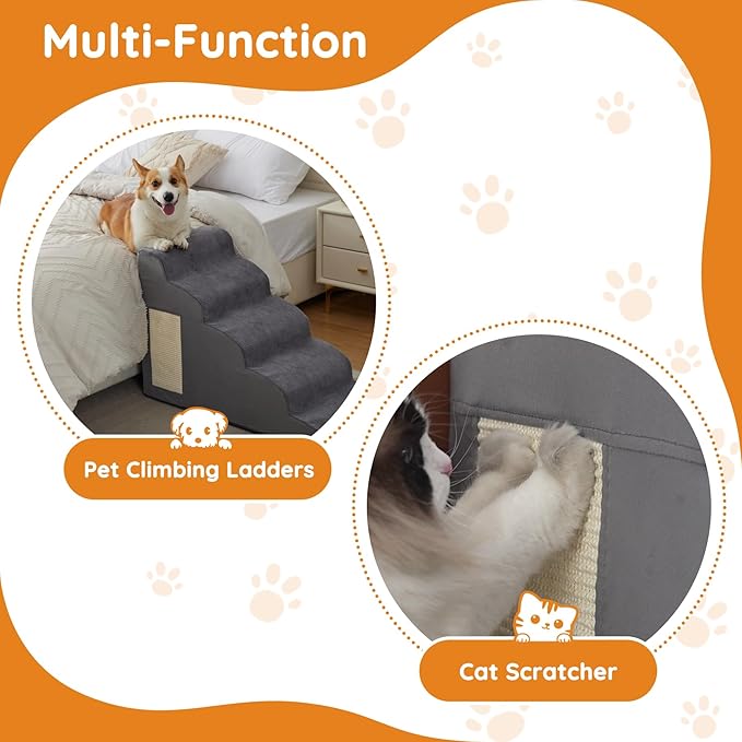 Dog Stairs for Small Dogs, 4-Step Dog Ramp for Bed 19.7" H, Dogs Steps for Bed, Couch, Pet Stairs with Non-Slip Bottom Design, Cat Scratching, High Density Foam Portable Pet Steps, Indoor, Grey