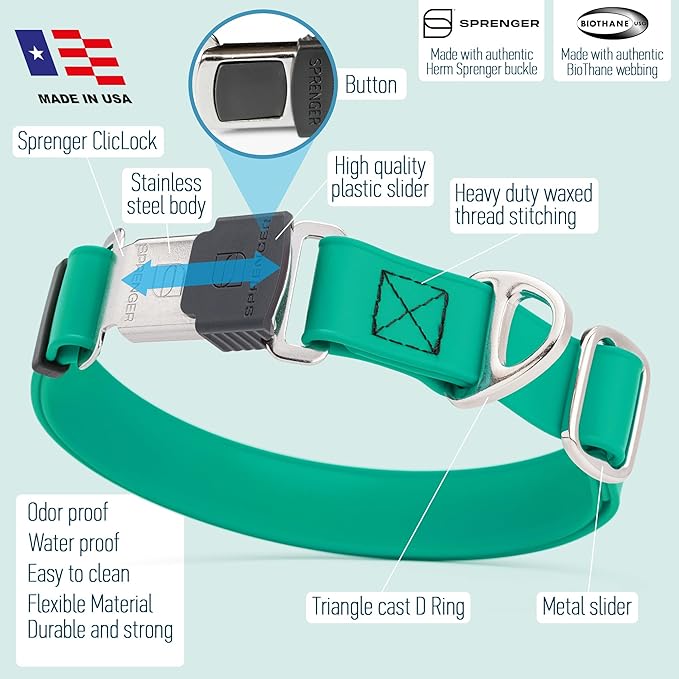 Dogline Biothane Waterproof Dog Collar with Herm Sprenger Stainless Steel Quick Release Buckle – Heavy Duty Tactical Durable Collar for Dogs – Comfortable and Safe Pet Collar, W 3/4" L 12-19", Teal