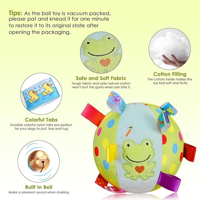 Dog Squeaky Plush Toy with Straps, 6-Inch Soft Stuffed Ball with Cotton Material and Bell Built-in, Pet Interactive Fetch Toy for Small to Large Dog