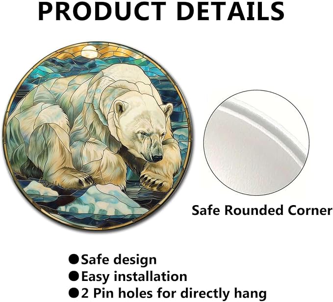 Lygond Metal Sign Tin Sign Circular Stained Glass Polar Bear Bar Signs for Home Decor for Pet 12×12 Inches