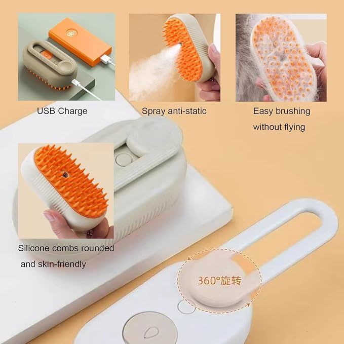 4 in 1 Cat Steam Brush Cat and Dog Anti-Static steam Brush with Spray for Massaging,cleaning,Shedding,Grooming,Rechargeable Pet Grooming Brushes(white brush)