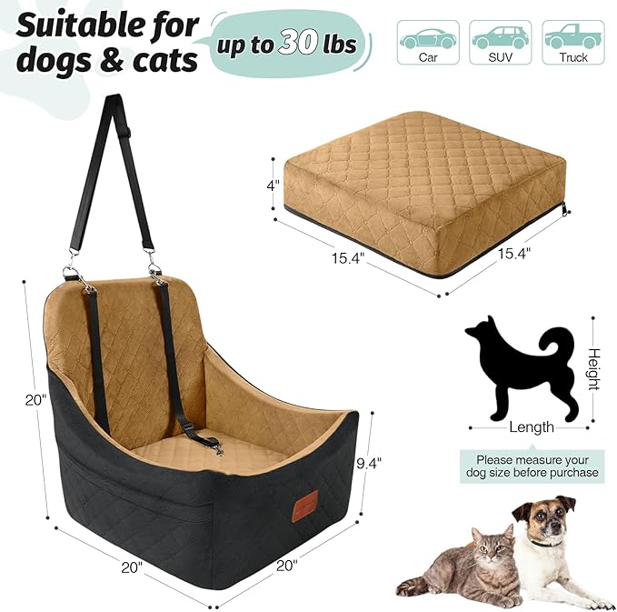 Dog Booster Car Seat for Up to 35lbs Pets,Easy to Install,Fully Detachable and Washable,Anti-Slip Base,Snug Puppy Car Seat with 2 Clip-On Leashes(Black/Coffee,Medium)