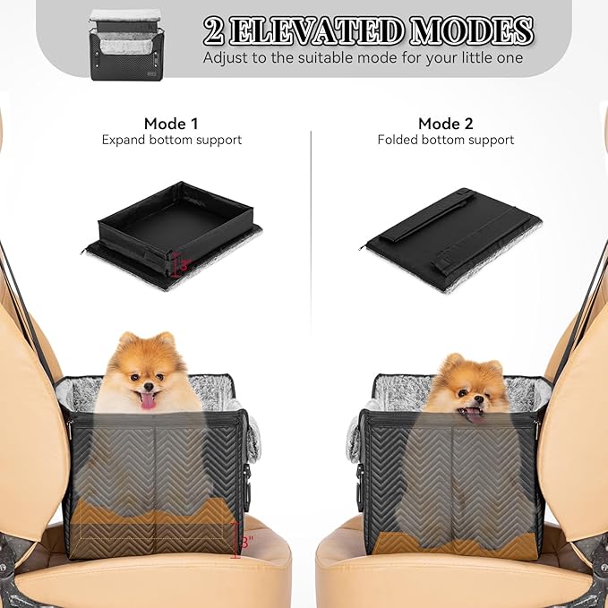 PETSFIT Small Dog Car Seat, Waterproof PU Leather Dog Carseat with Patent Safe Buckles, Clip-On Leash, Car Seat for Dogs, Cats Up to 25 lbs (Glossy Black)
