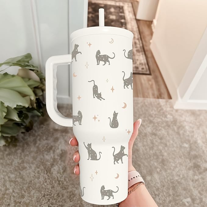 SANDJEST Gift for Cat Lovers Cat Mom – 40oz Stainless Steel Tumbler with Handle and Straw - Travel Coffee Mug for Women, Gift for Birthday, Christmas
