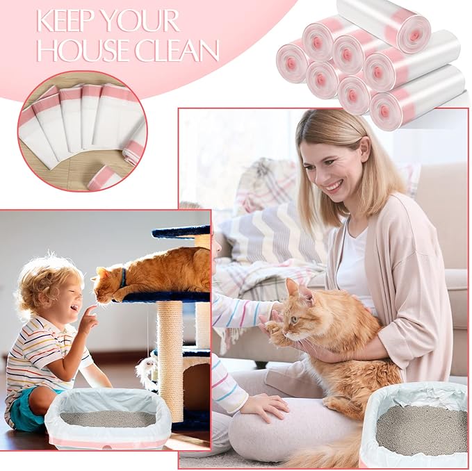 Sabary 80 Count Cat Litter Box Liners Jumbo Kitty Pan Bags with Drawstring Sturdy Hdpe Material for Cat Pet Waste Litter Box Tray, Pink, 36 x 18 Inch