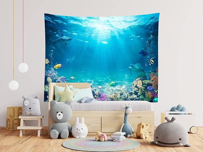 Loccor Underwater World Tapestry Blue Ocean Wall Hanging Under the Sea Coral Reef Wall Tapestry 140x98 Inches Tropical Fish Tank Undersea Tapestries Marine Wall Art for Bedroom Living Room Dorm Decor