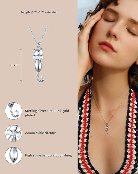 S.Leaf Sterling Silver Cat Necklace - Kitten Jewelry for Cat Lovers - Themed Gifts for Women