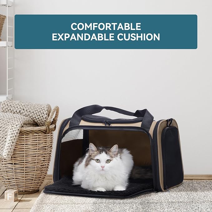 PETSFIT Pet Carrier for Cat, Small Dogs, Dog Carrier Airline Approved, TSA Approved Soft Cat Carrier for Travel, Small Animal Carrier for Pets Under 12 Lbs, Khaki