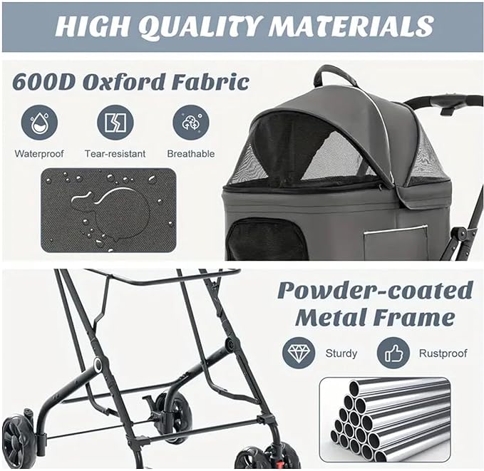 Pet Stroller with 2 Detachable Carriers, Foldable, Spacious Interior, Large Capacity, Durable Construction