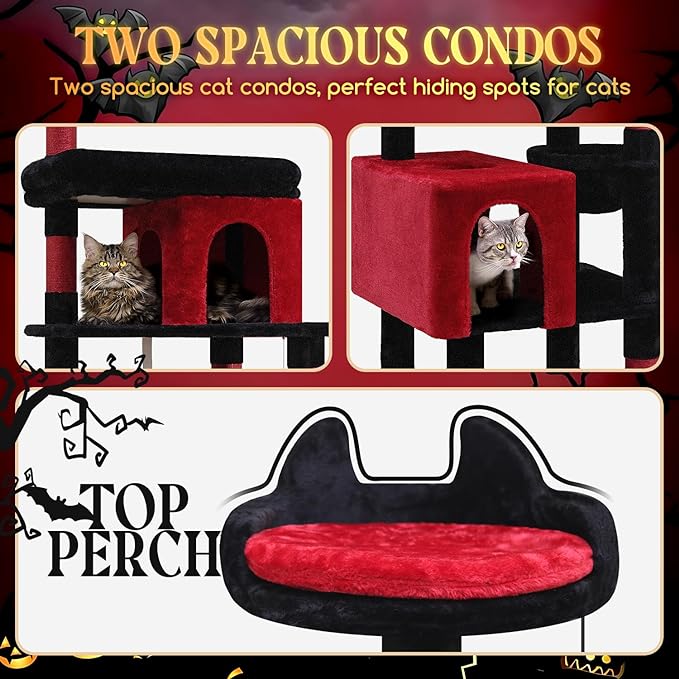 Globlazer Heavy Duty Gothic Cat Tree, 72in Large Cat Tower with Coffin Bed, Sturdy Maine Coon Cat Tree for Large Cats 20 lbs+, Medieval Castle Style with 6 Scratching Posts & Hammock, S72, Black & Red