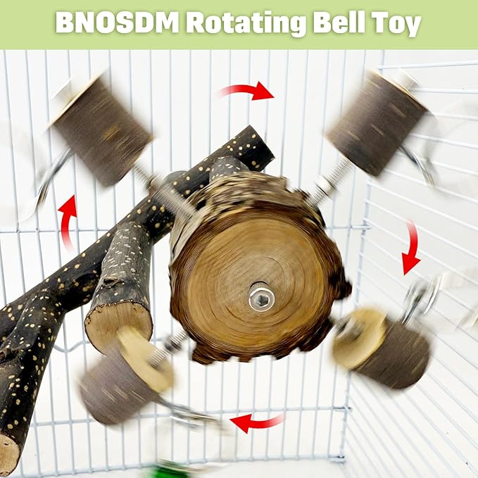 BNOSDM Natural Wood Bird Ladder Perch with Rotating Bell Toys-Exercise Stands for Parrot Climbing Chewing Parakeet Bridge Cage Accessories for Cockatiel, Conures, Lovebirds, Budgie